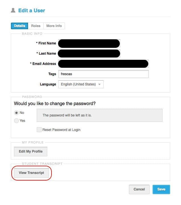 Another screenshot of a learner's account settings page with the name and email blacked out