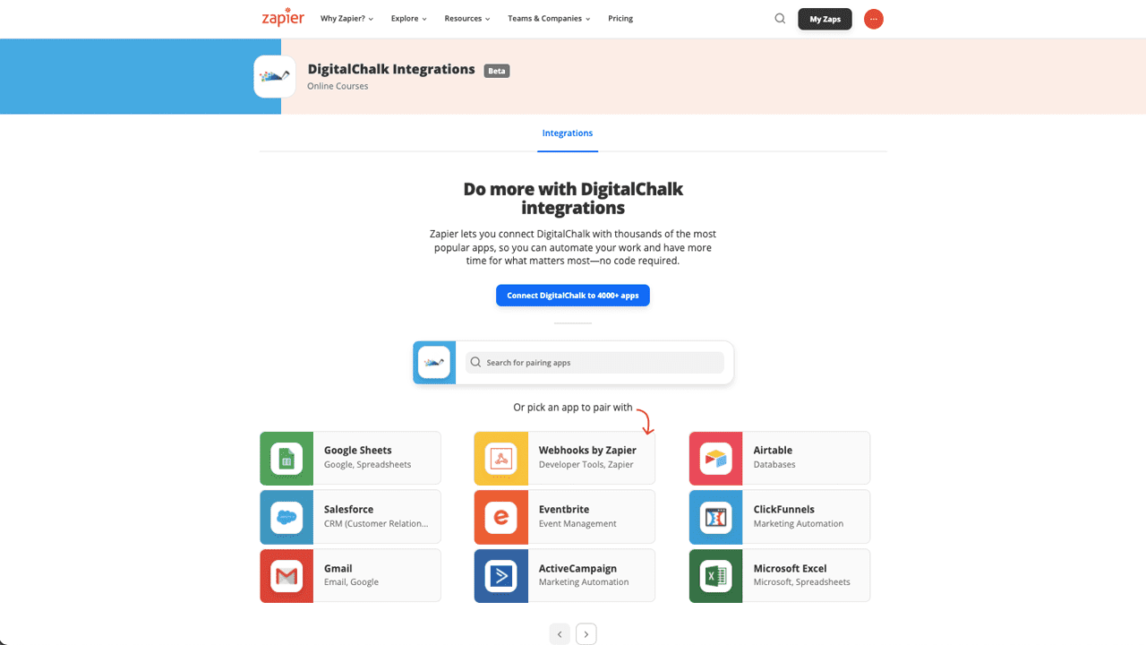 DigitalChalk landing page in the Zapier library where you can setup thousands of LMS automations with your favorite business apps